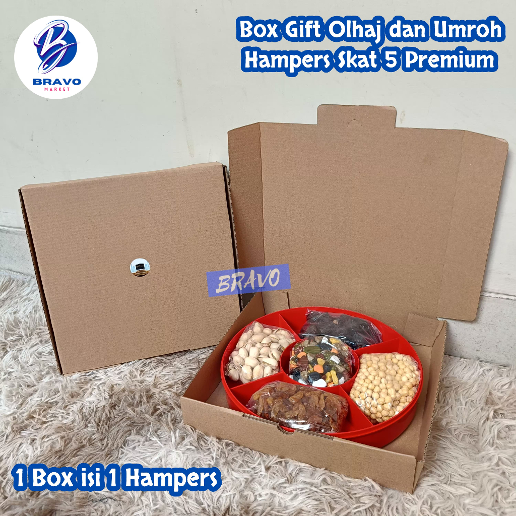 

Box Gift Oleh-Oleh Haji dan Umroh Hampers Sekat 5 Premium / 1 Box isi 1 Hampers / Uk. 25x25x5cm