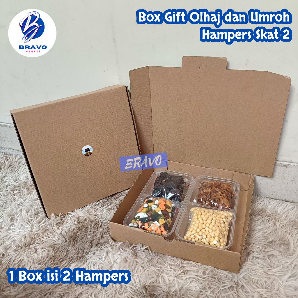 

Box Gift Oleh-Oleh Haji dan Umroh Hampers Sekat 2 / 1 Box isi 2 Hampers / Uk.25x25x5cm