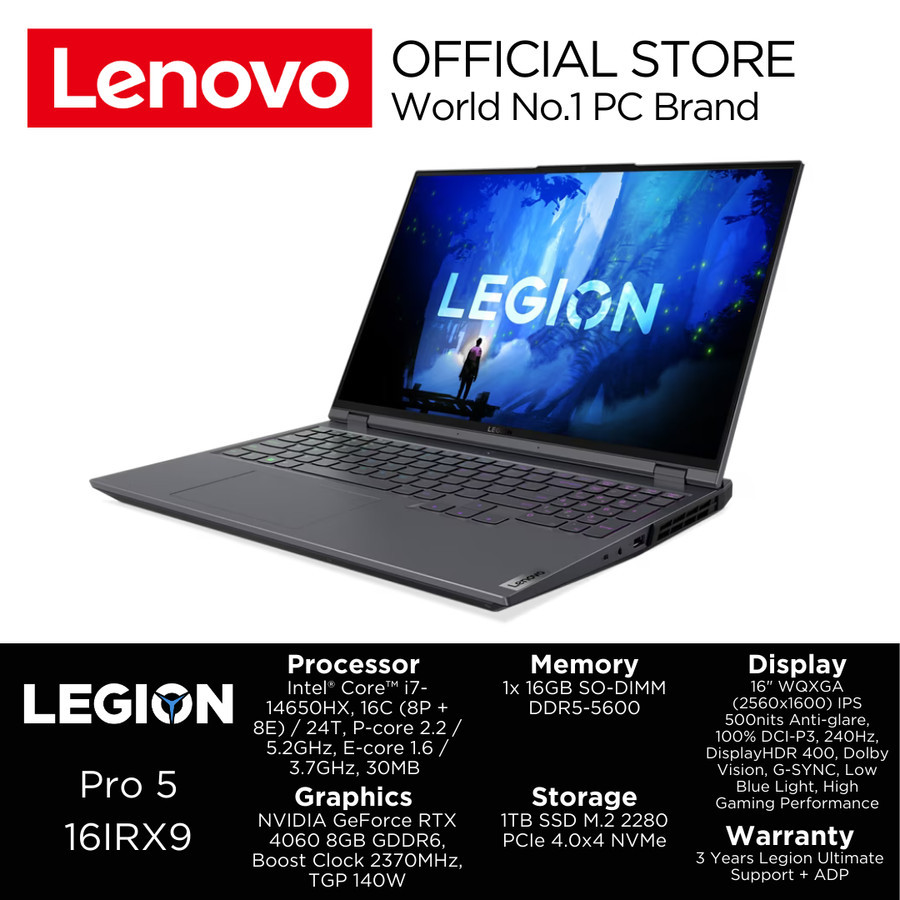 Laptop Lenovo Legion Pro 5 16IRX9 16" WQXGA IPS 100%DCI-P3 240Hz / Core i7 Gen14HX / Ram 16GB / 1TB 