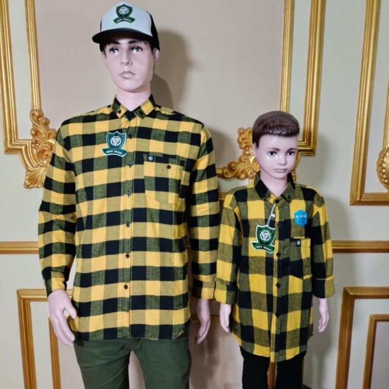 Kemeja Flanel Premium Couple Ayah Dan Anak Warna Kotak Catur Kuning