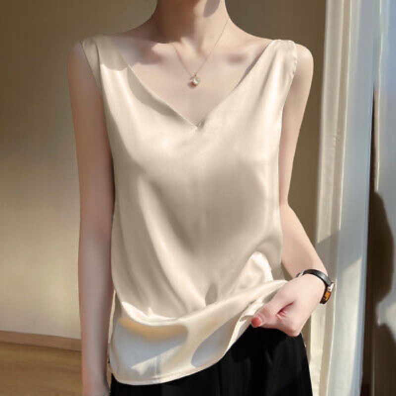 inner satin tanpa lengan sleeveless tank top satin tanktop satin blouse satin v neck jumbo kemeja sa