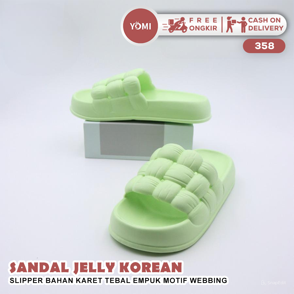 YOMI Sandal Wanita Jelly Korean 358 Slipper Bahan Karet Tebal Empuk Motif Webbing Super Soft /