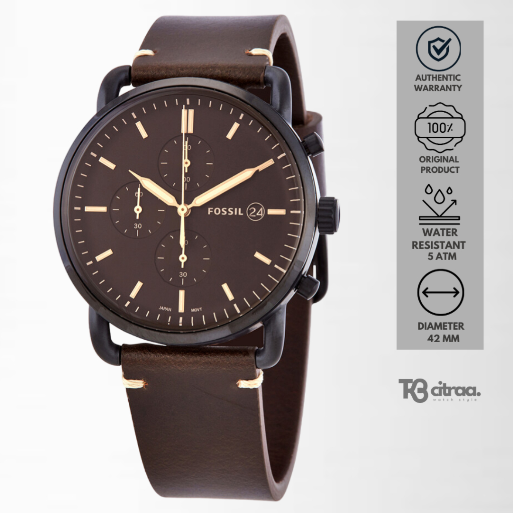 jam tangan fashion pria Fossil The Commuter analog strap rantai Chronograph men Black Dial Brown Lea