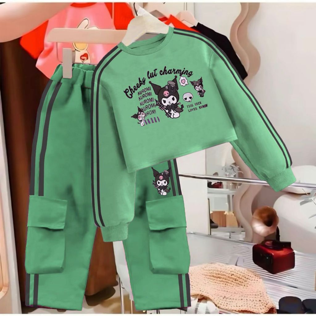 COD SETELAN CROP TOP KUROMI ANAK PEREMPUAN TERBARU/SETELAN CARCO CROP KUROMI 1-10 TAHUN