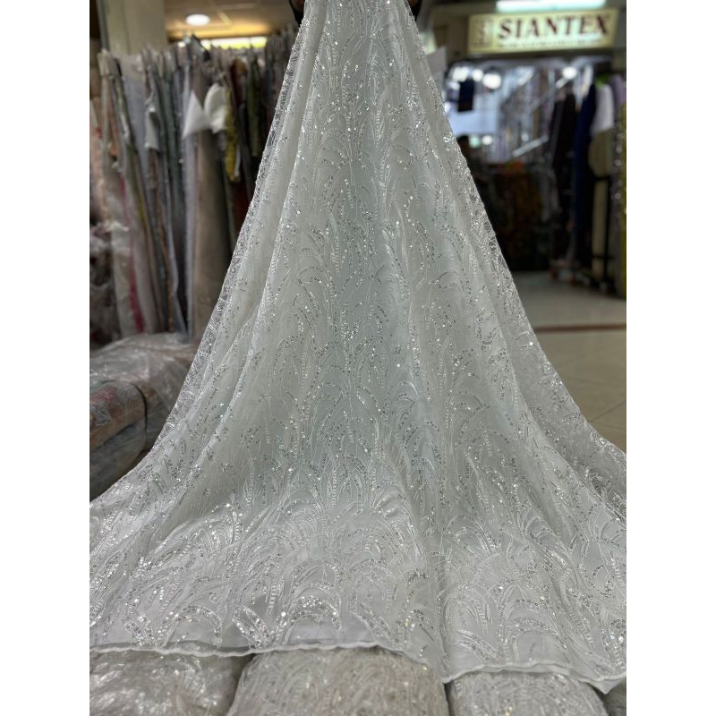 Bahan Kain Tile Tule bordir full payet Putih cocok Untuk Akad