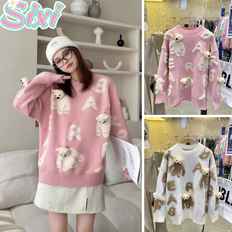 SIXI Sweater Wanita Pullover Cute Oversize Cardigan Bear Gaya Manis