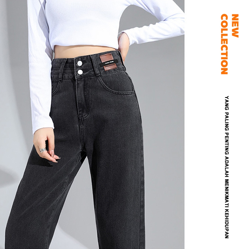 Celana Jeans Pinggang Tinggi Besar Wanita Celana Jeans Longgar Wanita Celana Jeans Gelap Wanita Cela