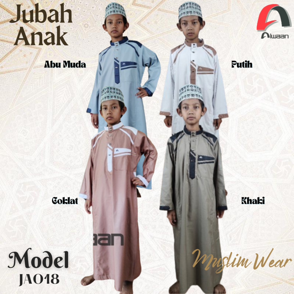 Baju/pakaian muslim pria koko gamis jubah anak ALWAAN/ATTALWIN JA018 Cokelat, Khaki, Putih, Abu Muda