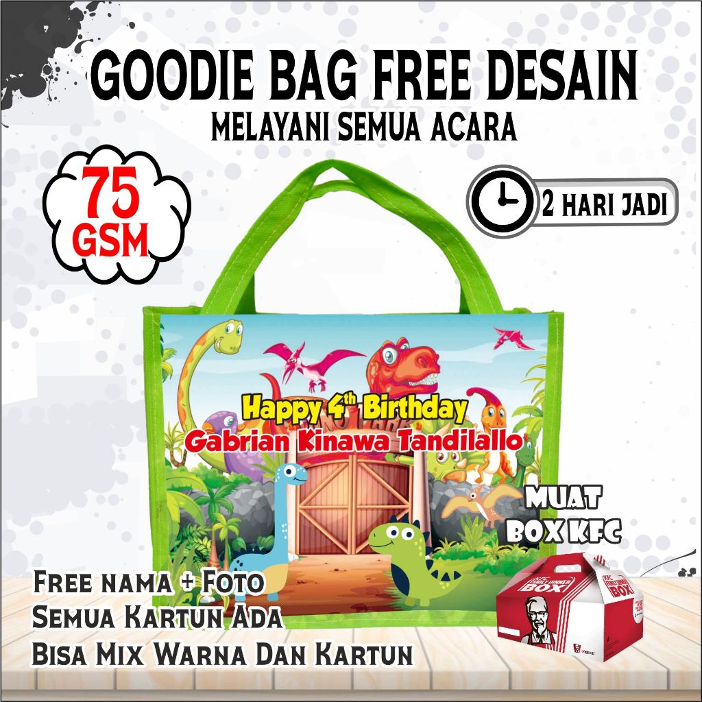 

TAS JINJING GOODIE BAG/GAMBAR DINOSAURUS/TAS ULTAH UKURAN T20 P25 L13