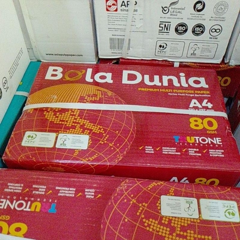 

kertas HVS A4 80 gr BOLA DUNIA 1 dus (5 rim)
