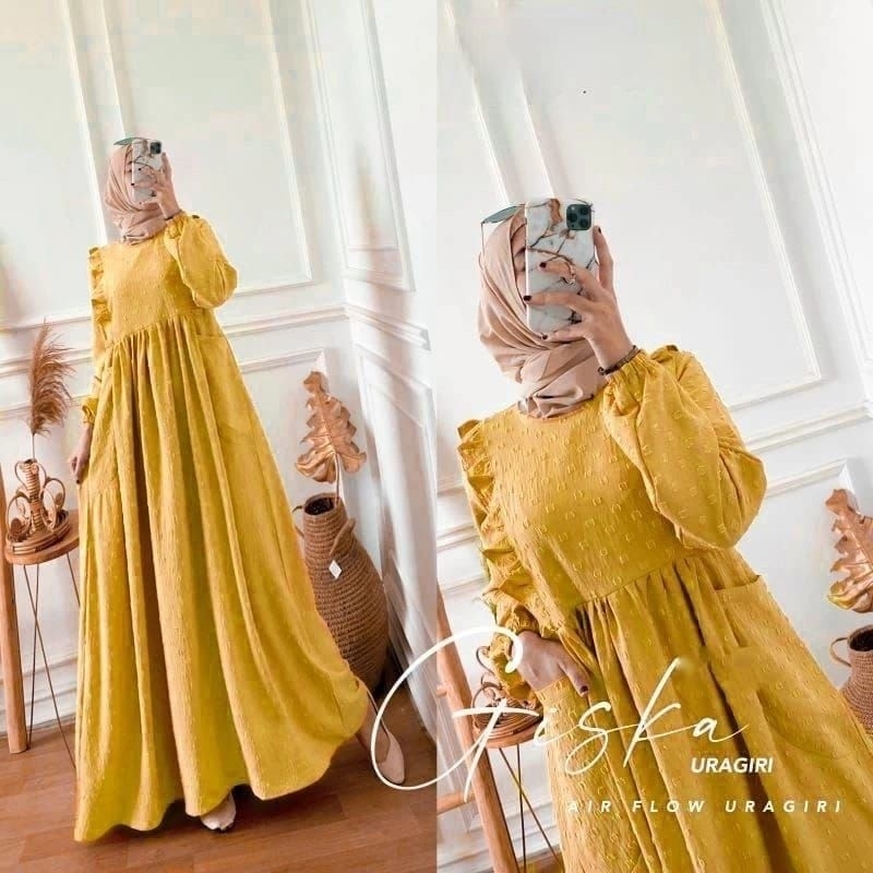 Gamis Giska uragiri polka jumbo | gamis panjang crinkle uragiri wanita motif polka