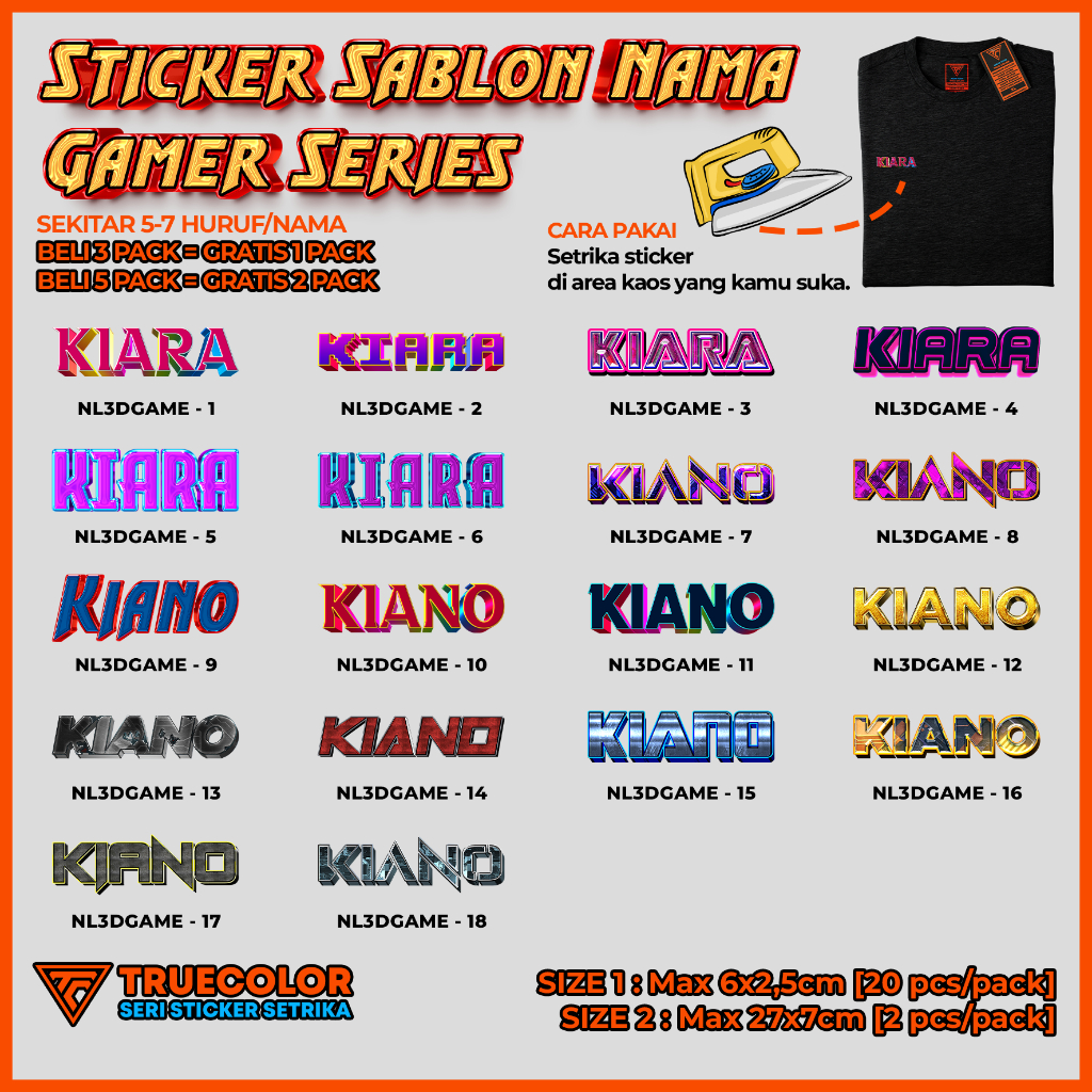 

TRUECOLOR (2 Size) Sticker Label Nama Kaos, Sablon Setrika Custom Nama dan Kata – GAMER Series