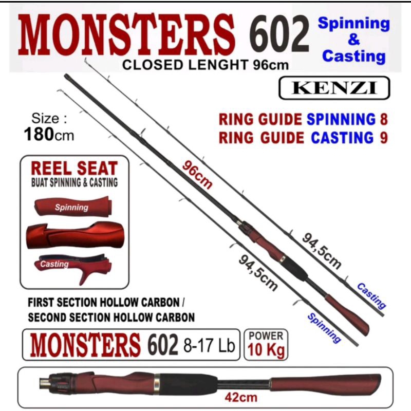 1 set JORAN ROD KENZI MONSTERS 8 - 17 LB DUA SAMBUNGAN reel aica 1000. panjang 210cm