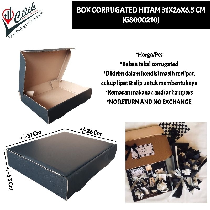 

box+dus+kemasan+hardbox+corrugated+warna+hitam+black+31x26x6.5 cm+wadah+makanan+baju+kado+gift+seserahan+souvenir