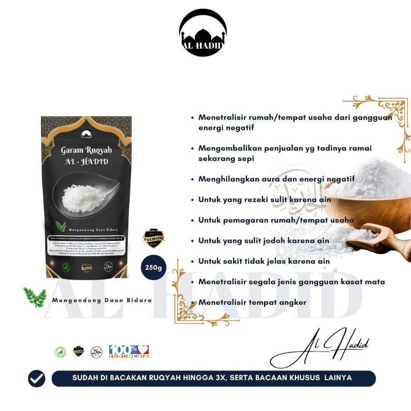 

Al Hadid Garam Ruqyah Premium Daun Bidara / Garam Di Doakan Ruqyah Hingga 3X - 250g