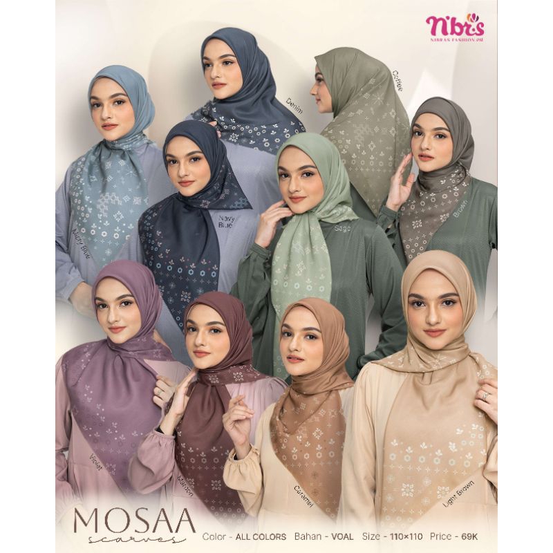 Nibras Mosaa Scarves | Hijab Segi Empat Motif | Hijab Segi Empat Printing | Hijab Printing Premium |