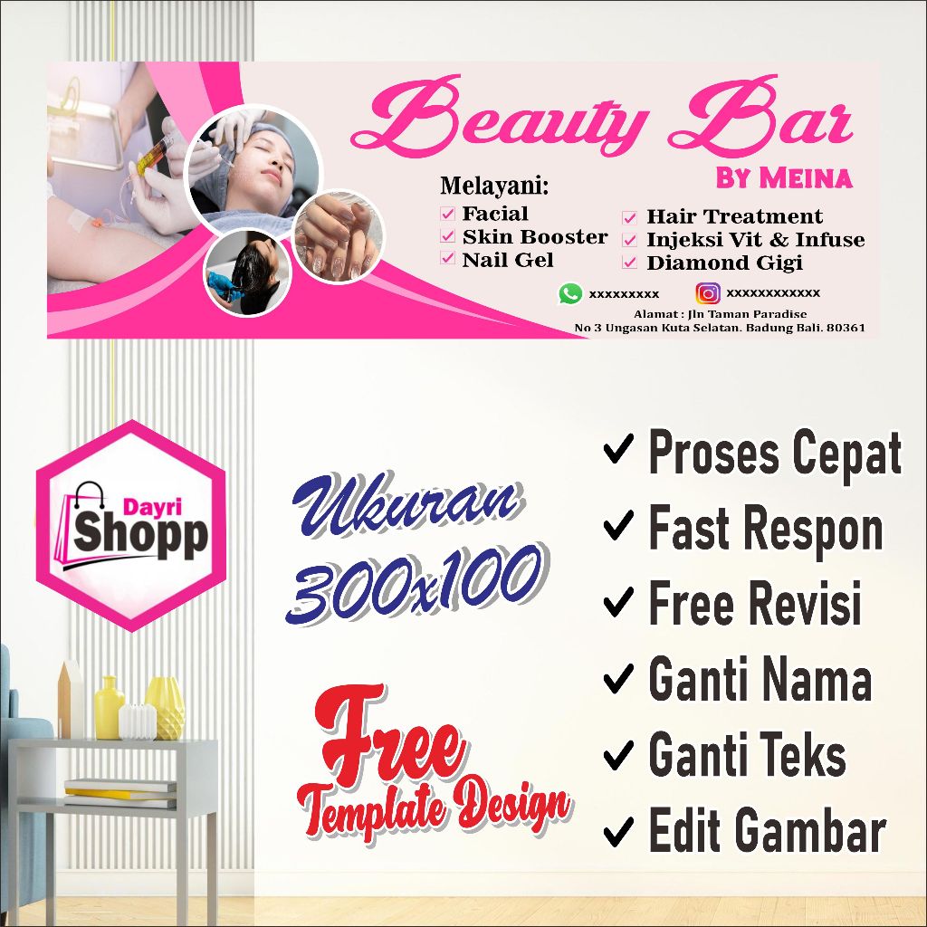 Size 300x100 Cm,Spanduk Banner Salon Beauty Bar Cantik Custom Design