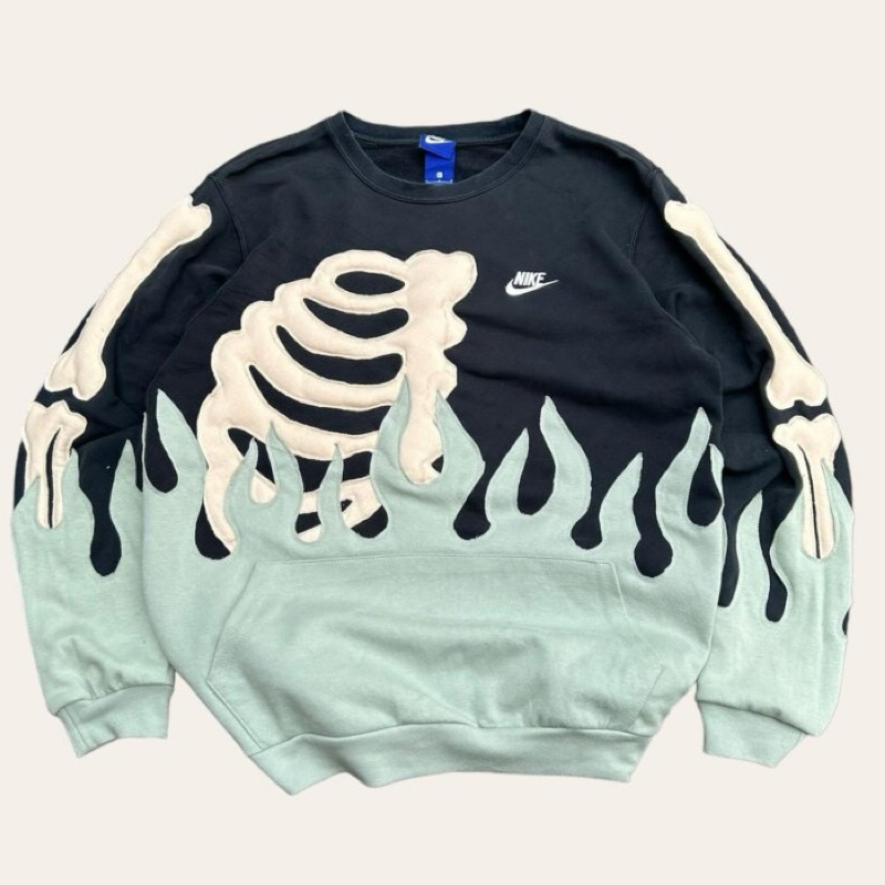 reworked hoodie crewneck nike Skeleton fire university y2 custom order