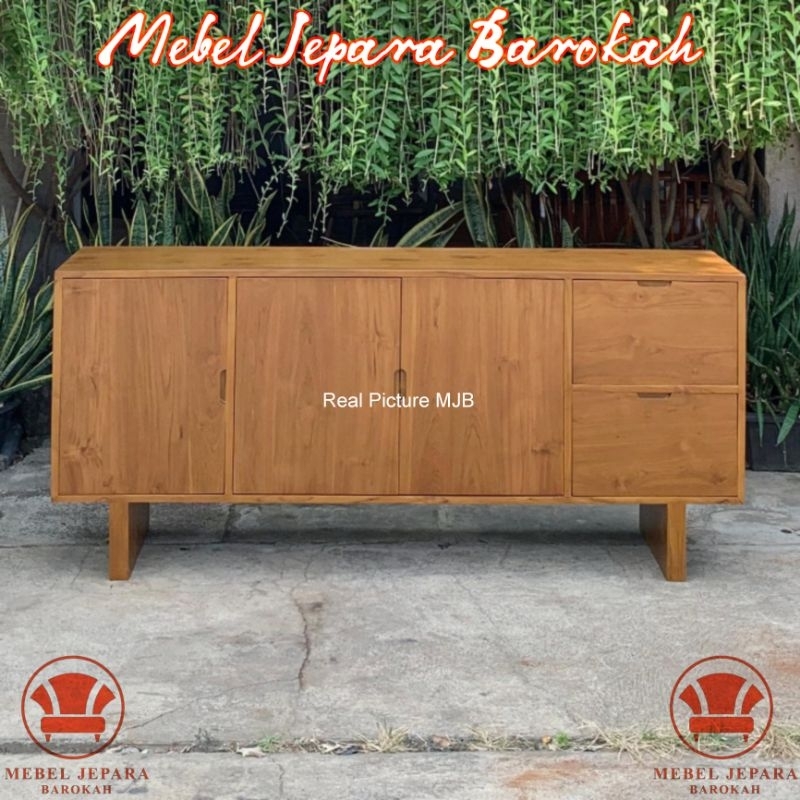 Bufet Meja TV Modern 3 Pintu 2 Laci Kayu Jati Minimalis Lemari Kabinet TV Serbaguna