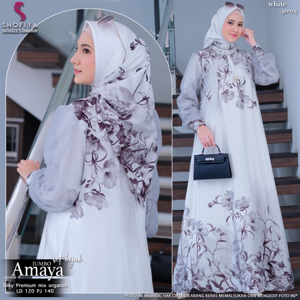 Amaya Baju Dress Gamis Pesta Kondangan Wanita Muslim Jumbo ld 120 Motif Bunga Mewah Elegan Premium