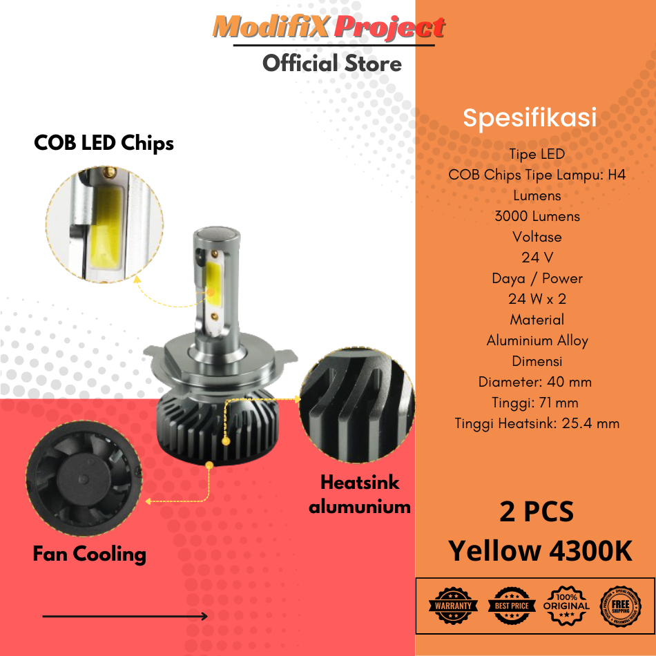 Lampu Depan Mobil High Low Beam LED H4 3000lm 24V 2 PCS Yellow 4300K - Lampu LED Mobil H4