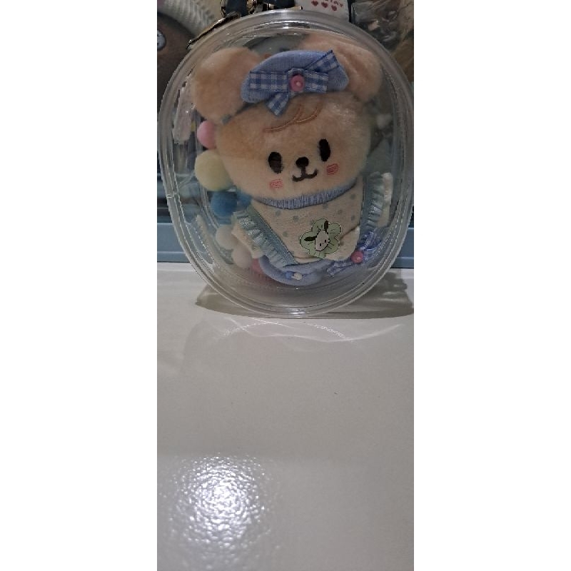 ready Pouch pvc transparan lonjong oval untuk boneka 10cm dengan gantungan dengan pompom skzoo