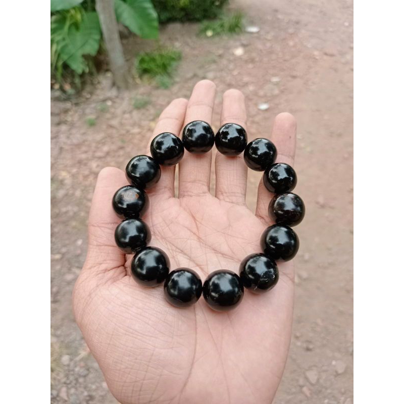 Gelang Tasbih Akar Bahar Tali Arus Butiran Warna Hitam Dim 16 mm Berkualitas