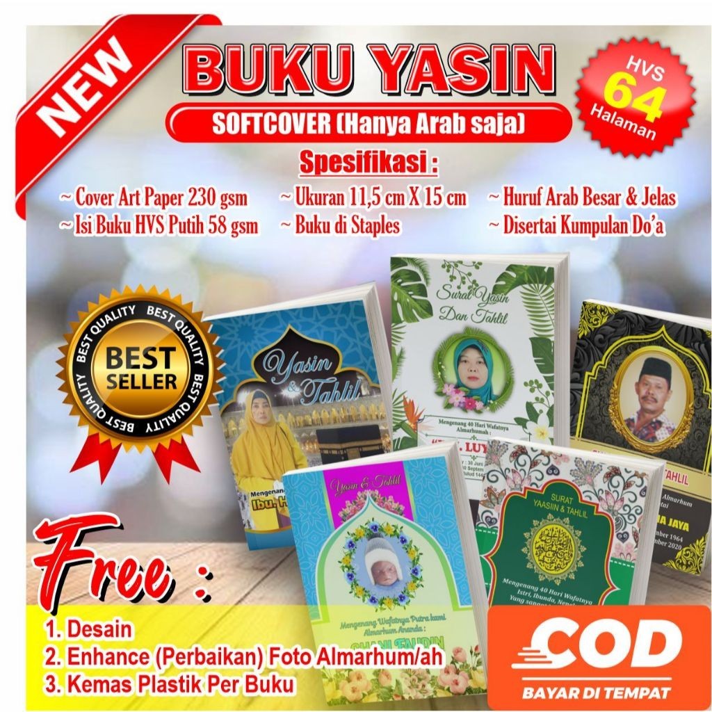 

uku Yasin 64 Halaman (Arab Saja) FREE DESAIN + PASANG FOTO ALMARHUM/AH + KEMAS PLASTIK
