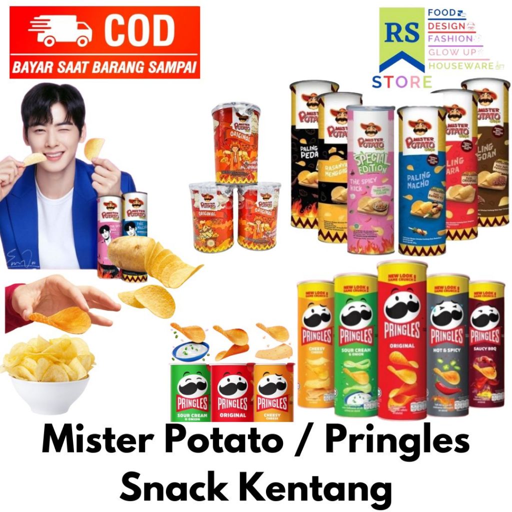 

mister potato crips || mr potato crips - netto 80gr / mister potato seaweed mr.potato snack crisps original / mister potato crisps original kaleng 35gr / pringles ukuran ( besar) 102 gr / pringles original 42g / pringles mini keripik kentang potato chip