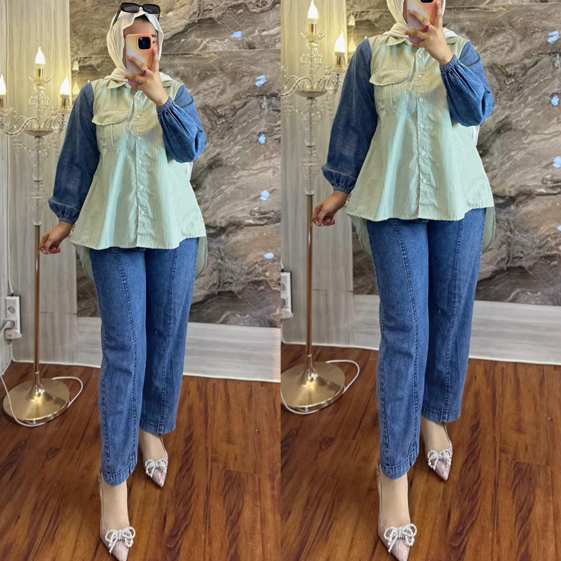 one set salur mix jeans/setelan celana muslim/casual/terbaru/ABG/tunik garis/hijau/biru/pink/salem/l