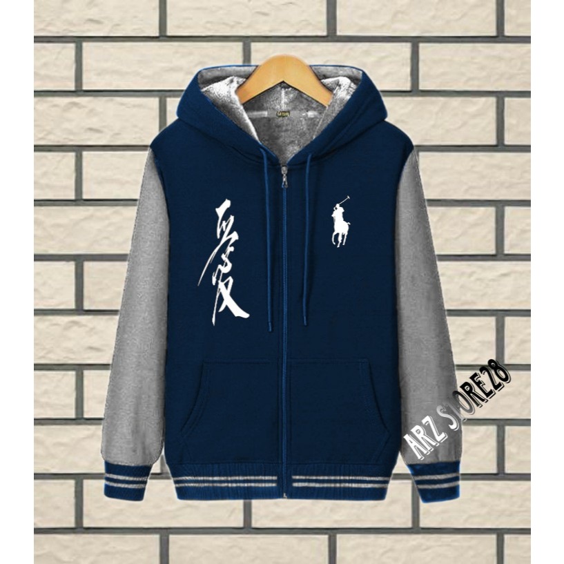 Terlaris Free  Jaket Resleting Varsity Kupluk  Text Putih TT Jepang Polo Kirka   Sweater Distro Terb