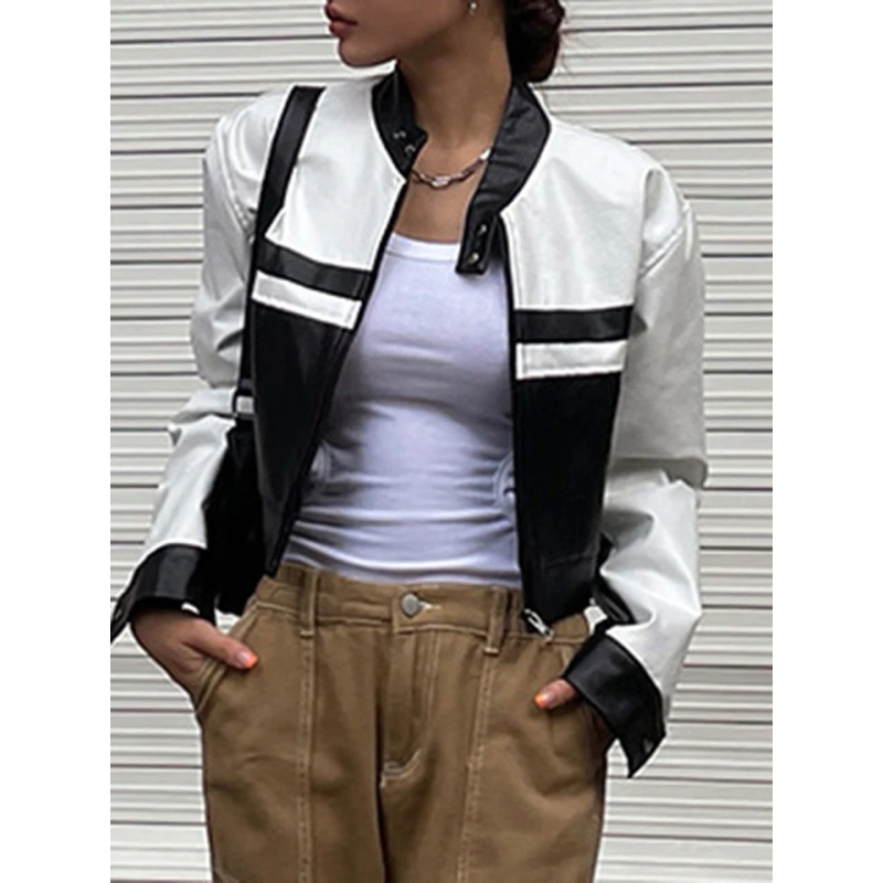 Jaket Crop Kulit Hitam Putih Wanita / Leather Jacket Crop