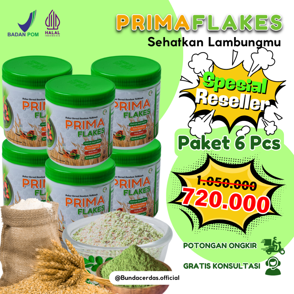 

PAKET Keluarga 6 Pcs PRIMAFLAKES Sereal Gandum Talbinah Atasi Maag, Asam Lambung & Gerd Tanpa Obat