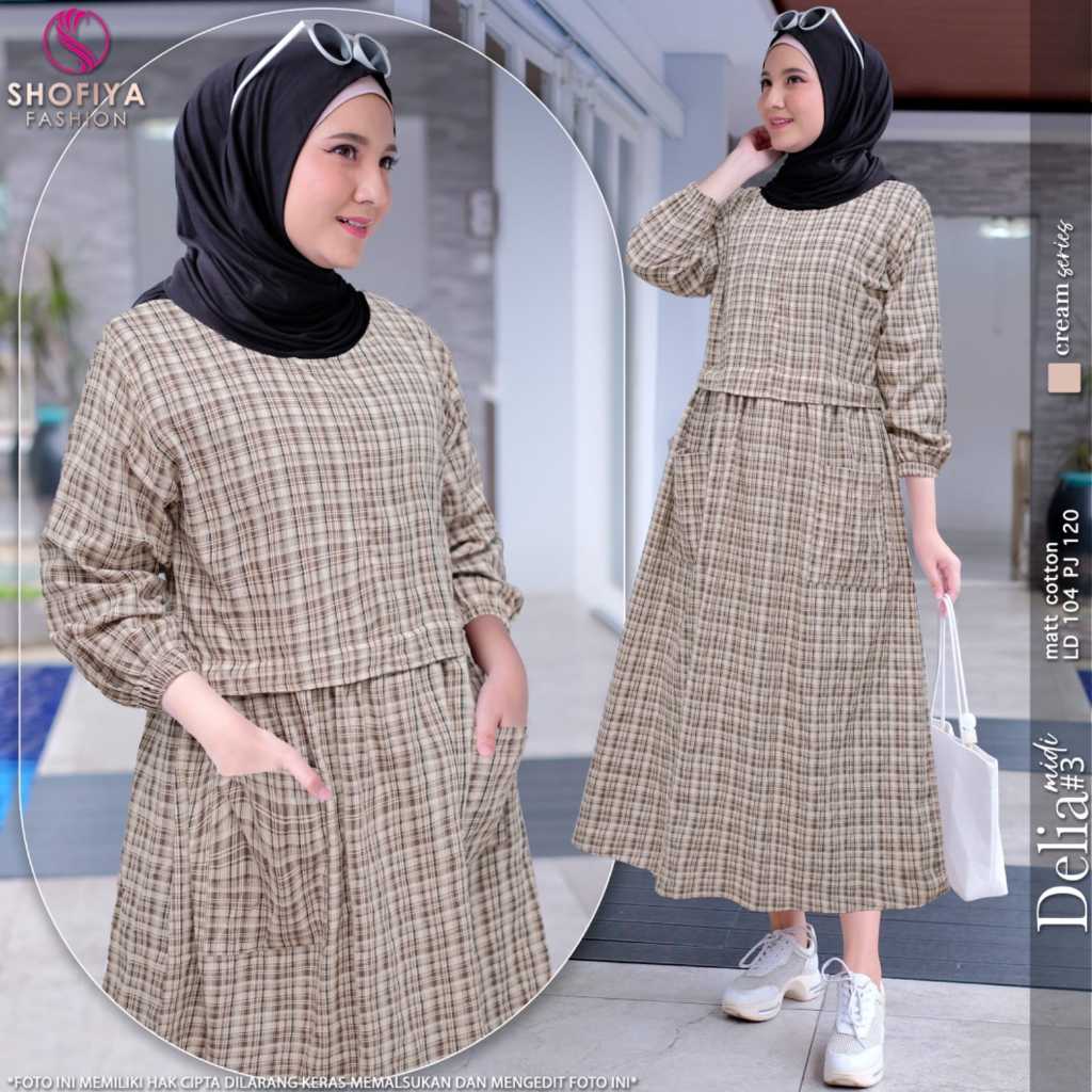 delia dress dres midi gamis baju pakaian wanita cewe remaja dewasa muslim katun import motif kotak u