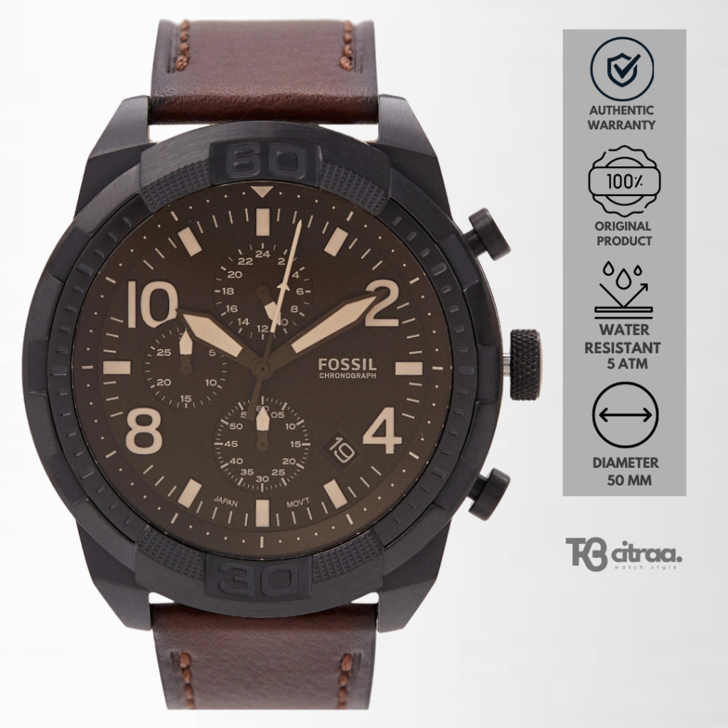 jam tangan fashion pria fossil Bronson analog strap kulit chronograph brown leather water resistant 