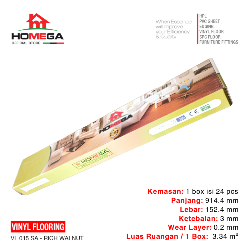 HOMEGA VINYL Flooring - Lantai Kayu Parket Parkit Parquet Stiker - Tekstur Wood Rich Walnut - 1 Box 