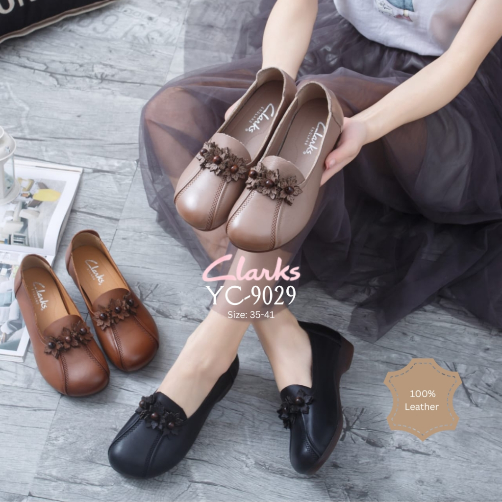 Sepatu Clarks YC9029 Penny Loafer Flowers Leather 2,5cm / sepatu kerja kantor wanita kulit asli