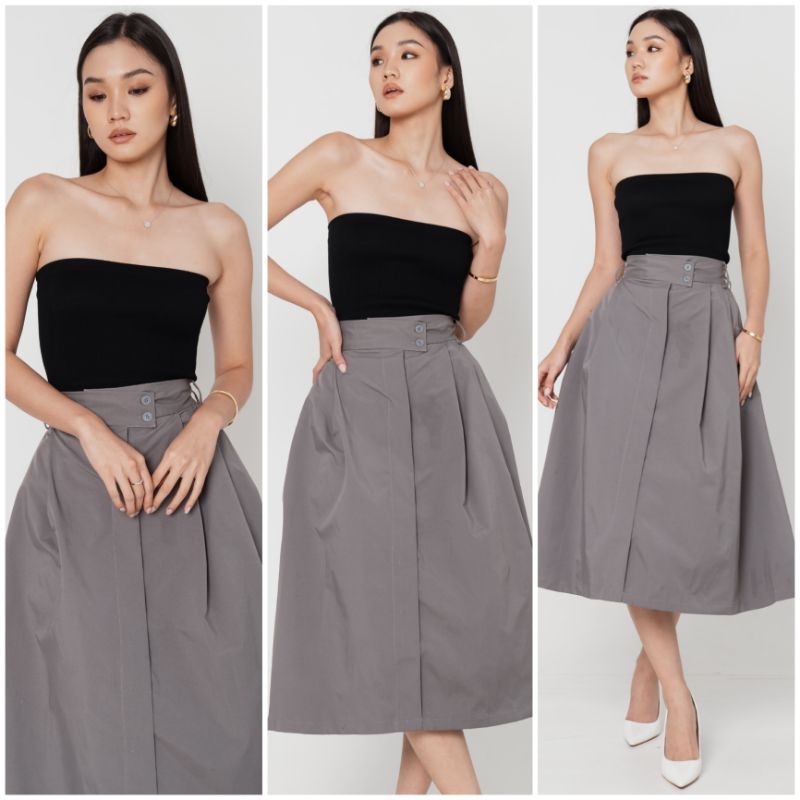 ‼️ SUPER SALE ‼️ SHELICIOUSROOM PREMIUM LOKAL ¤ ARRIANTHE BUTTON FLARE CHINOS TWILL MIDI SKIRT