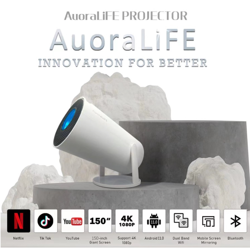 Proyektor 4K Wifi Android 11 Auoralife Projektor Mini Portable HP Bluetooth 6000 Lumen