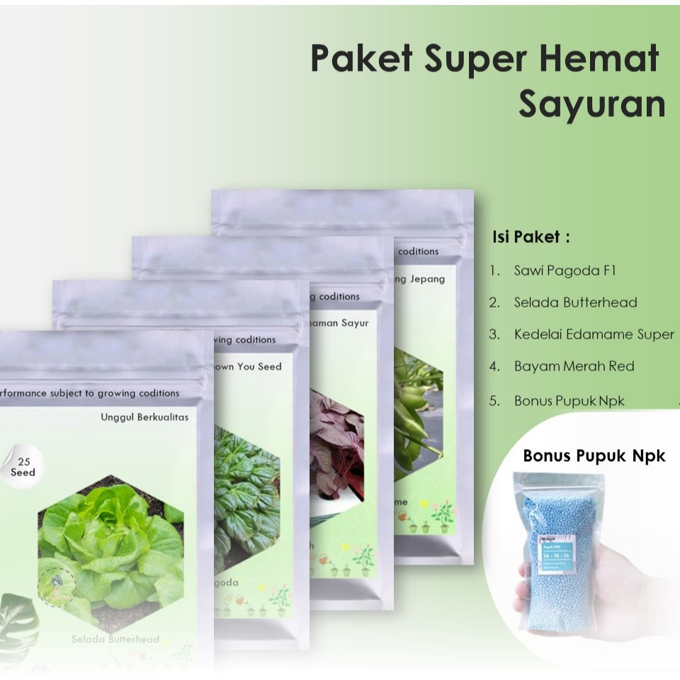 Paket Super Hemat 4 Jenis Bibit Benih Sayuran Sayur Sawi Pagoda F1 Selada Butterhead Kedelai Edamame