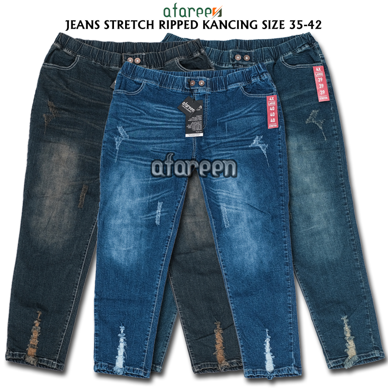Celana Jeans Sobek Ripped Wisker Jeans Pinggang Karet Wanita Jumbo Size 35-42