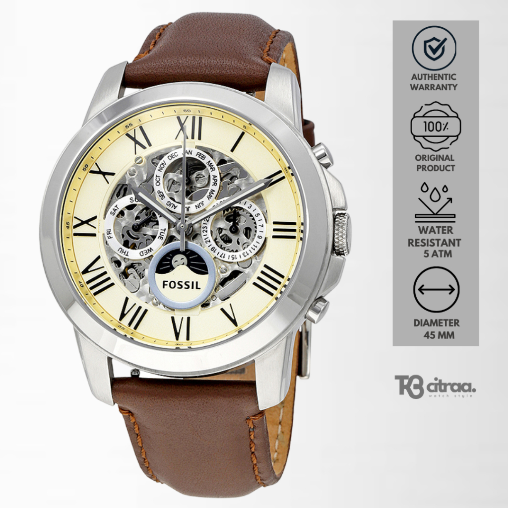 jam tangan Fossil Grant automatic pria analog strap kulit men White Skeleton Dial Brown Leather Stra