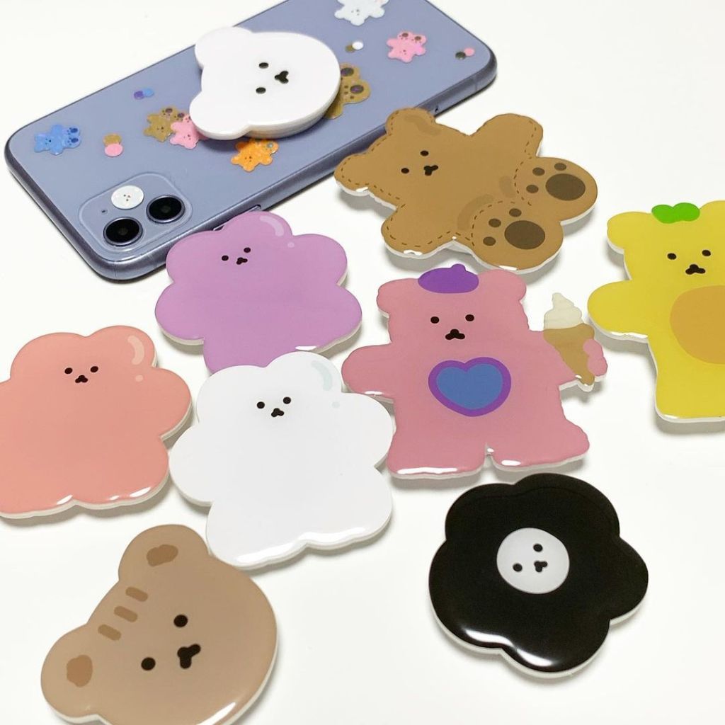 Foryu Griptok Resin Akrilik Bear Korea Phone Holder Beruang Motif Karakter Lucu Phone Stand HP Unive