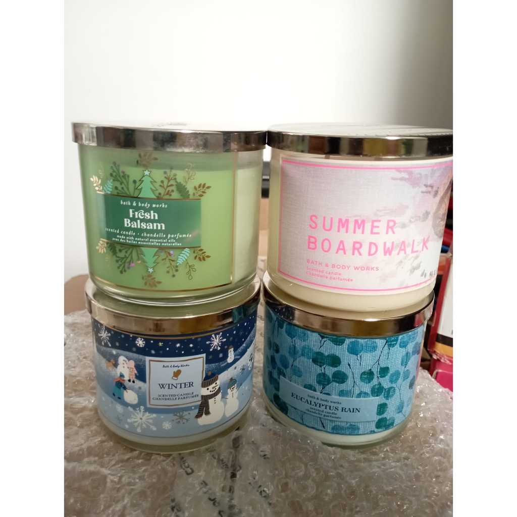 BBW 3 wick candle lilin aromatherapy 3 sumbu winter fresh balsam summer boardwalk eucalyptus rain ca