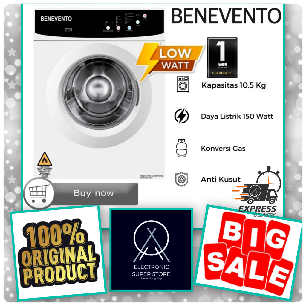 DRYER GAS BENEVENTO 10.5KG MESIN PENGERING ANTI KUSUT LOW WATT BENEVENTO LAUNDRY DRYER GAS 10.5KG