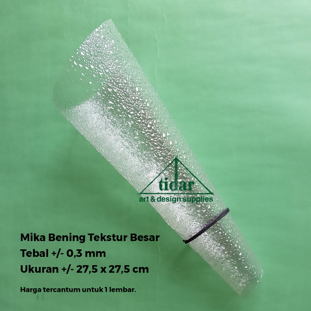 

Mika Bening Tekstur Besar Tebal 0,3 MM Ukuran 27,5 x 27,5 CM - Plastik Maket Transparan Lembaran