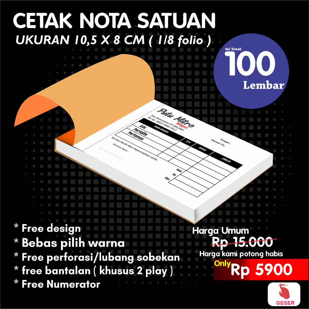 

Paket Hemat Cetak Nota Ukuran 10,5x8cm - Invoice Bon Surat Jalan Kwitansi Olshop Murah