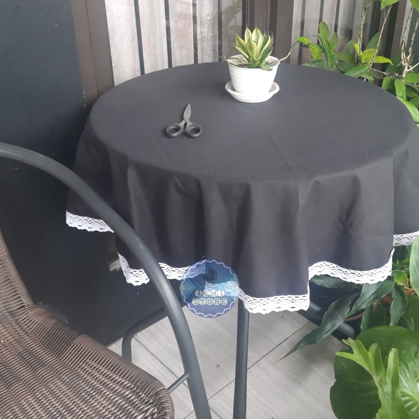 Langka Taplak MEJA BULAT Kain POLOS Keliling RENDA Rajut Ukuran Kecil dan Elegan Kekan Bahan Katun P