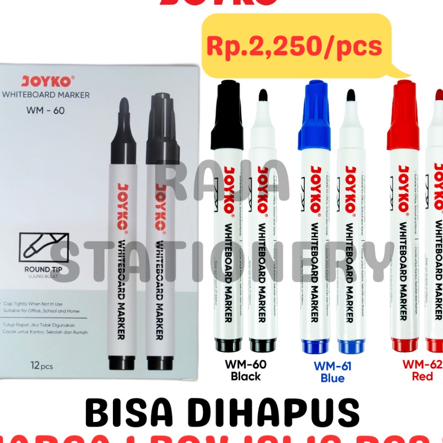 

Hematku JOYKO WHITEBOARD MARKER BLACK BLUE RED SPIDOL PAPAN TULIS JOYKO HITAM BIRU MERAH 12PCS