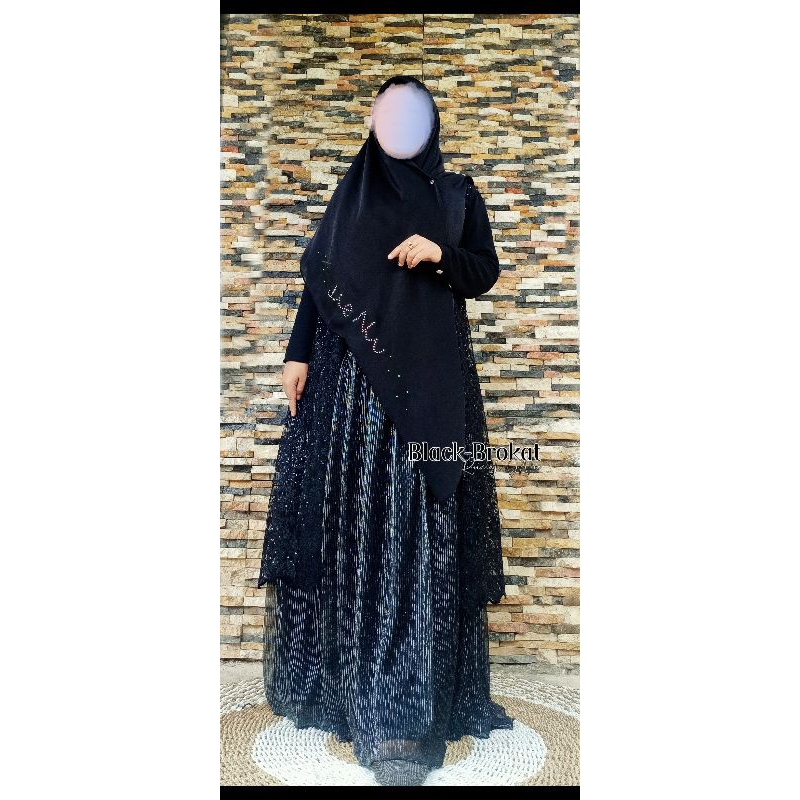 Set Gamis Brokat Plisket Shimmer Hitam / Gamis Mewah / gamis Pesta